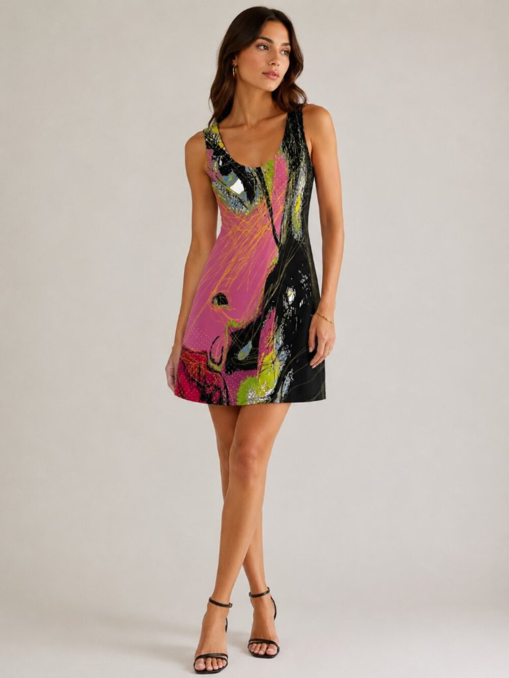 Volt Design Roca Sleeveless Mini Dress Pink Black Abstract Reversible Stretch